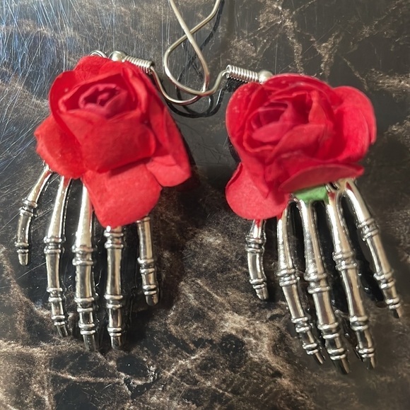 Silver Skeleton Rose Hand Halloween Earrings - Picture 4 of 9